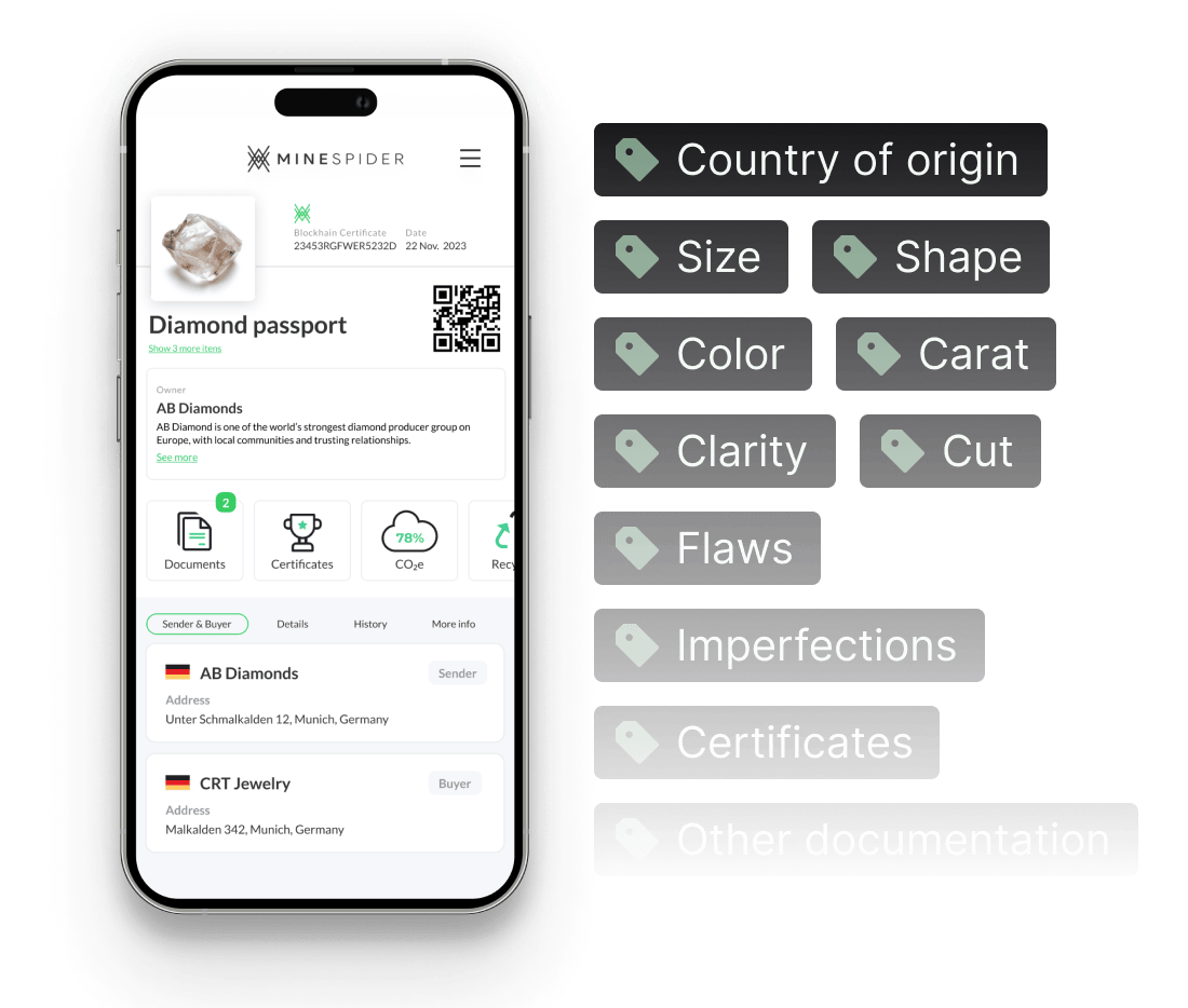 Phone screen displaying a diamond passport app with various diamond details on a green background