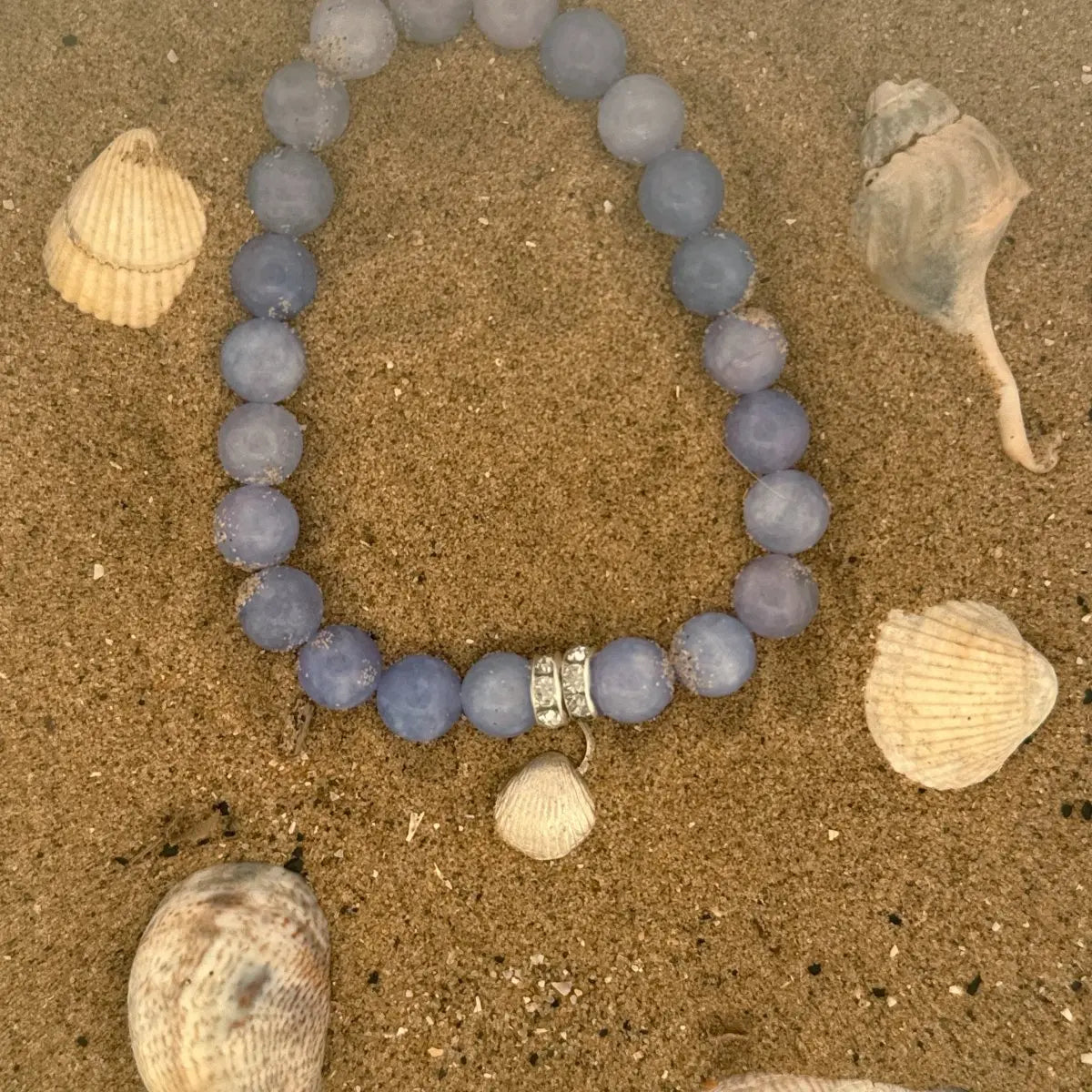 Aquamarine Beaded Bracelet with Sterling Silver Seashell Charm - Lynne Lee Jewellery