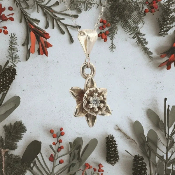 Sterling Silver Narcissus Pendant - December's Winter Beauty - Lynne Lee Jewellery