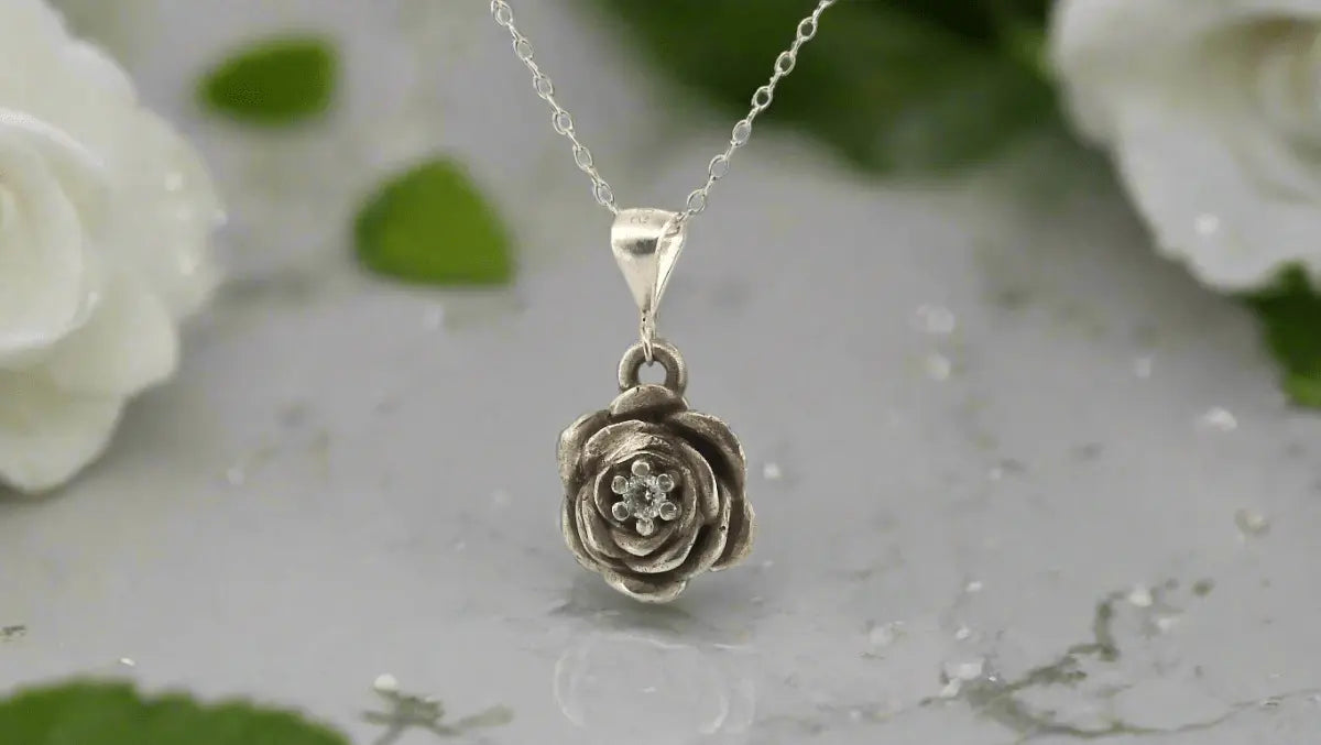 Sterling Silver Rose Pendant with Diamond Center - Lynne Lee Jewellery