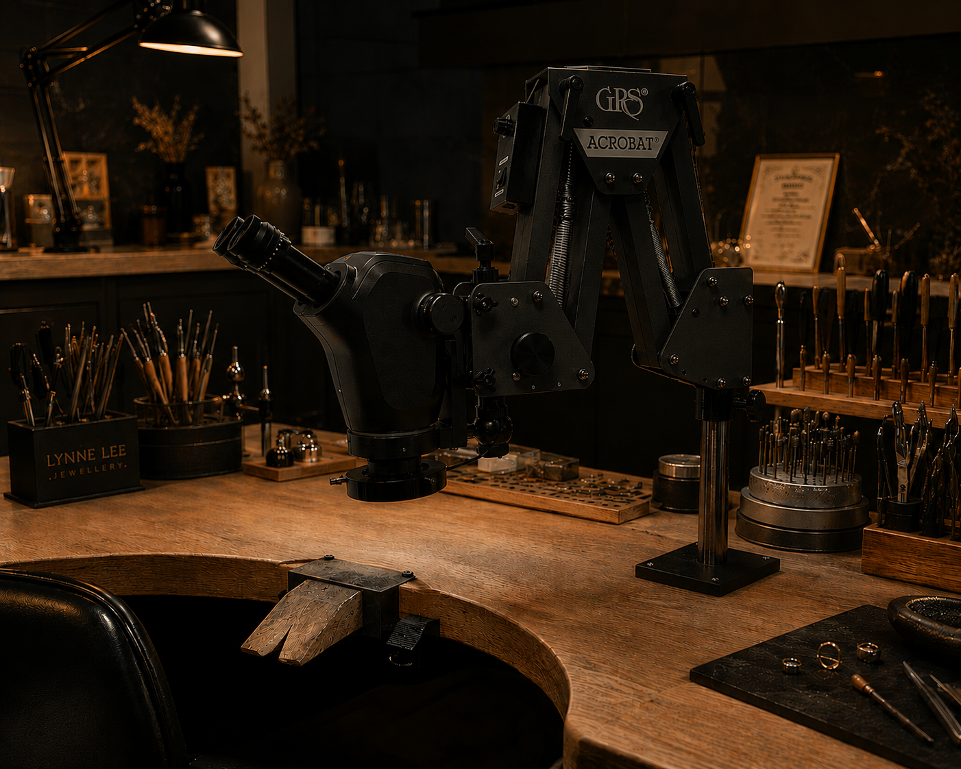 image of the Leica microscope sat on a jewellery bench in dulled golden light.