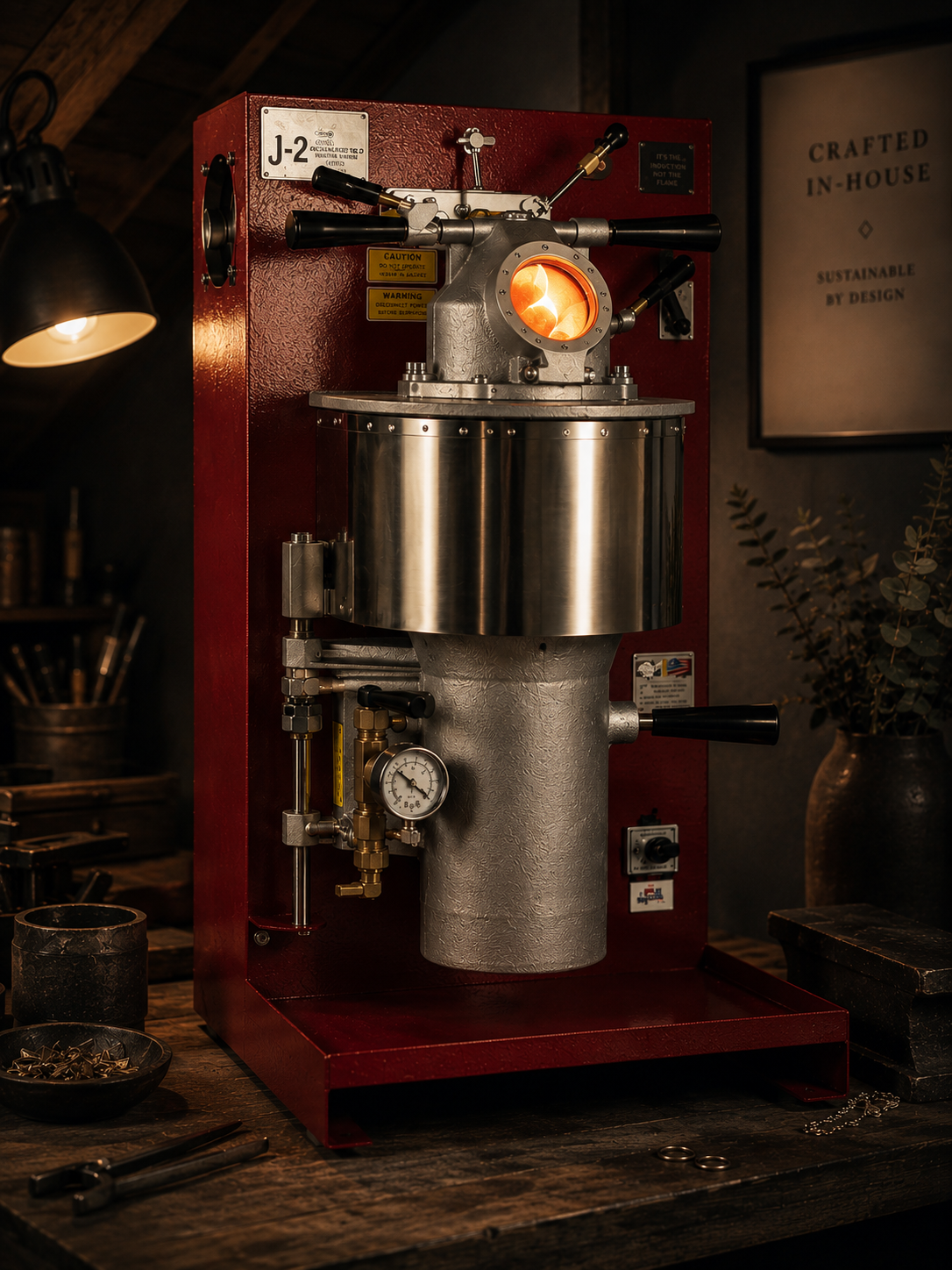 Image of the neutec J-2R casting machine, sat on a jewellery bench, in dull lighting.
