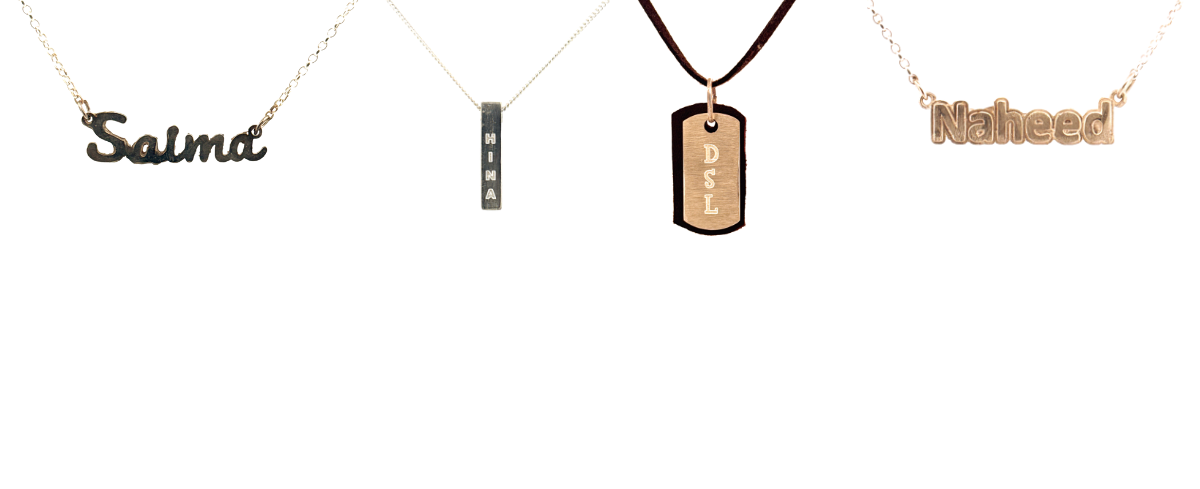 Three necklaces with name pendants on a white background