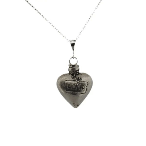 Heart Pendant Necklace Silver - Love Potion Bottle Statement Piece - Lynne Lee Jewellery