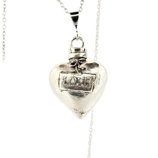 Heart Pendant Necklace Silver - Love Potion Bottle Statement Piece - Lynne Lee Jewellery