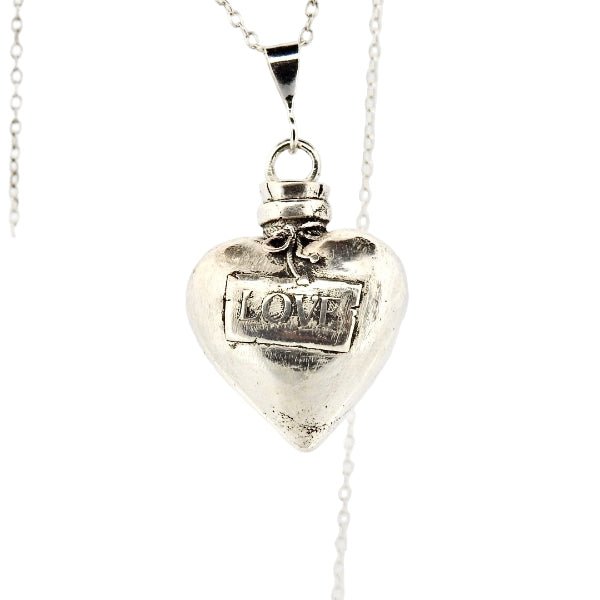 Heart Pendant Necklace Silver - Love Potion Bottle Statement Piece - Lynne Lee Jewellery