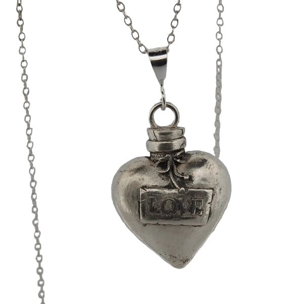 Heart Pendant Necklace Silver - Love Potion Bottle Statement Piece - Lynne Lee Jewellery