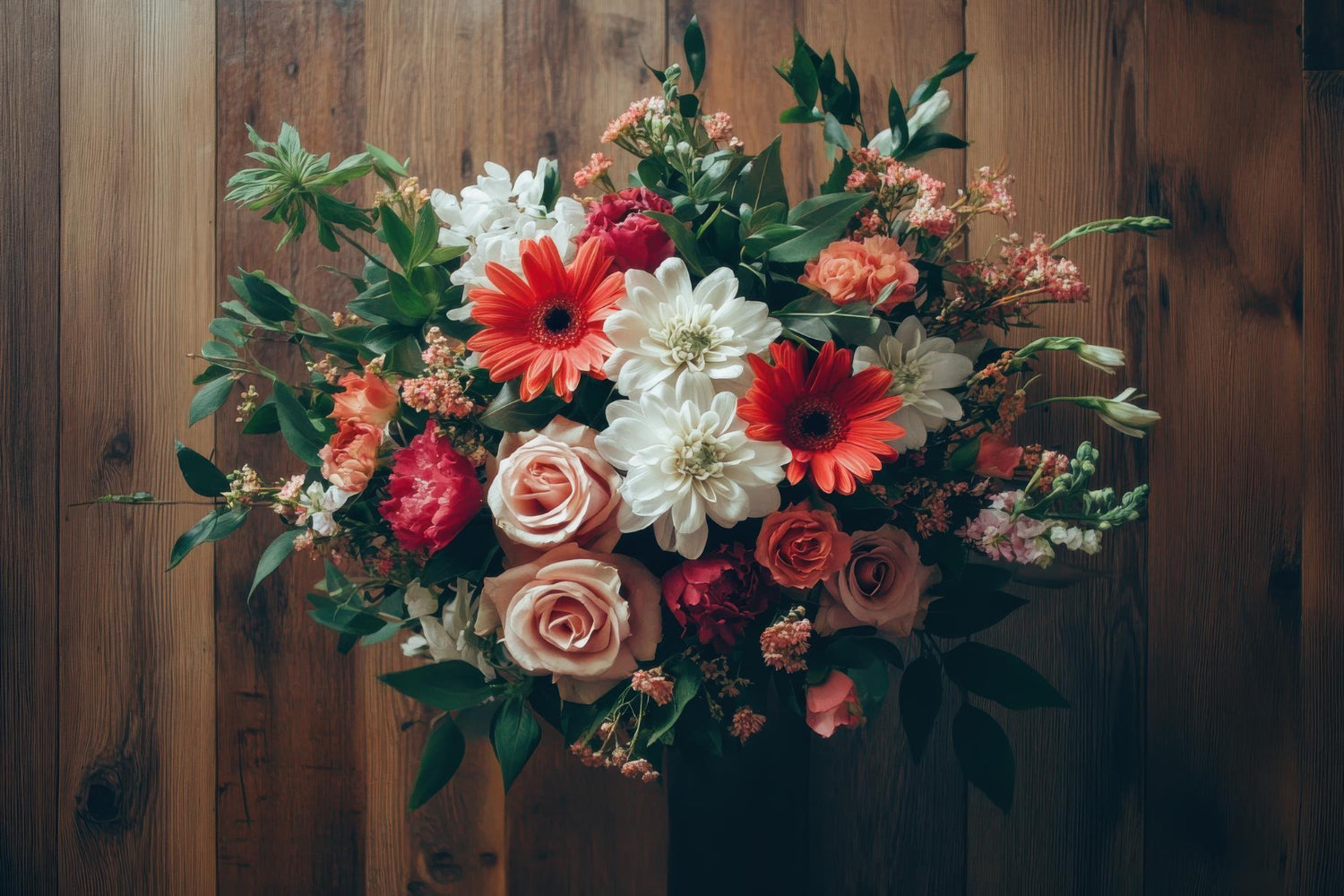 Bouquet of flowers with red, white, and pink colors against a wooden background
