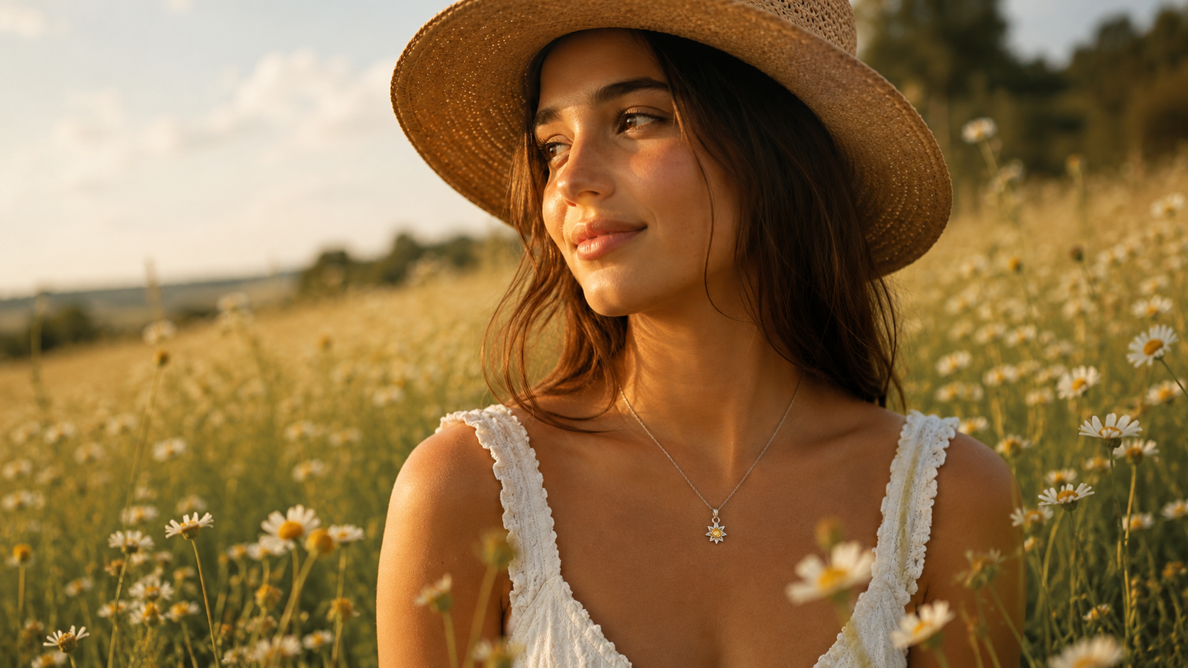 woman in daisy field, wearing cotton dress, straw hat. She is wearing the sterling silver daisy necklace which has a yellow sapphire centre.