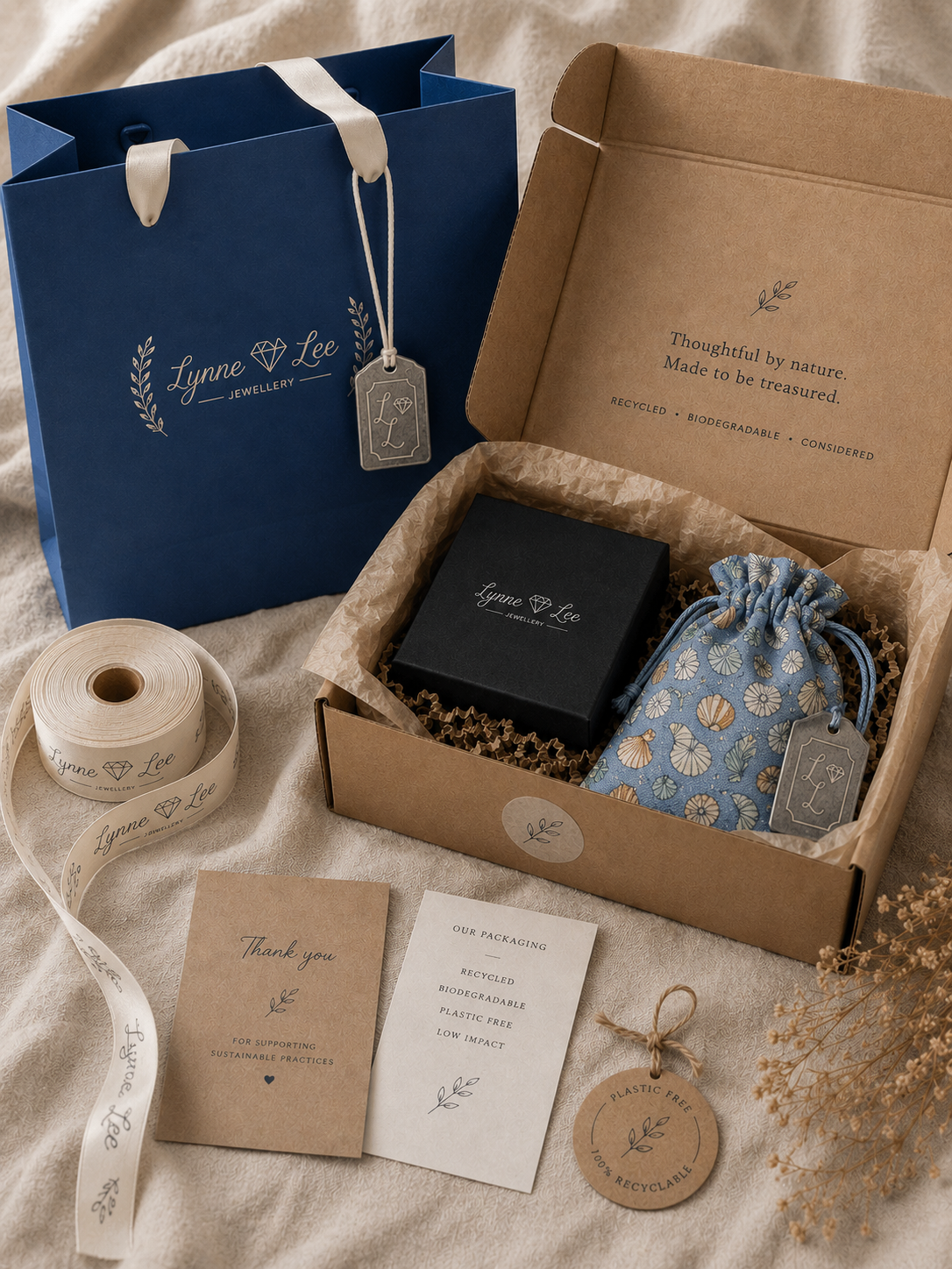 Gifting set with blue bag, brown box, black box, and decorative items on a textured surface.