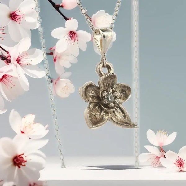 Sterling Silver Orchid Pendant with Diamond Center - Lynne Lee Jewellery