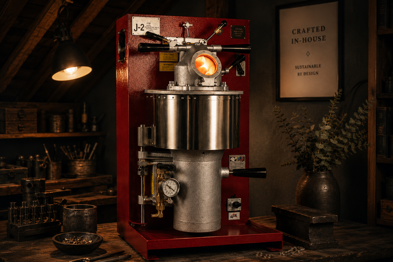 Neutec J2-R casting machine in the middle of a jewellery workshop.