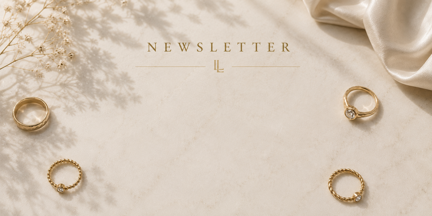 Gold rings on a soft beige background with the word 'Newsletter'.