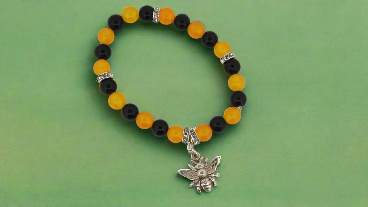 Honey Bee Beaded Bracelet - Yellow Agate & Black Obsidian - Lynne Lee Jewellery