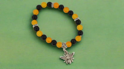Honey Bee Beaded Bracelet - Yellow Agate & Black Obsidian - Lynne Lee Jewellery