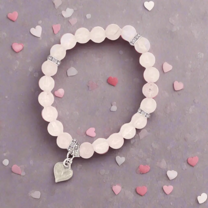 Rose Quartz Beaded Bracelet with Sterling Silver Heart Charm - Lynne Lee Jewellery