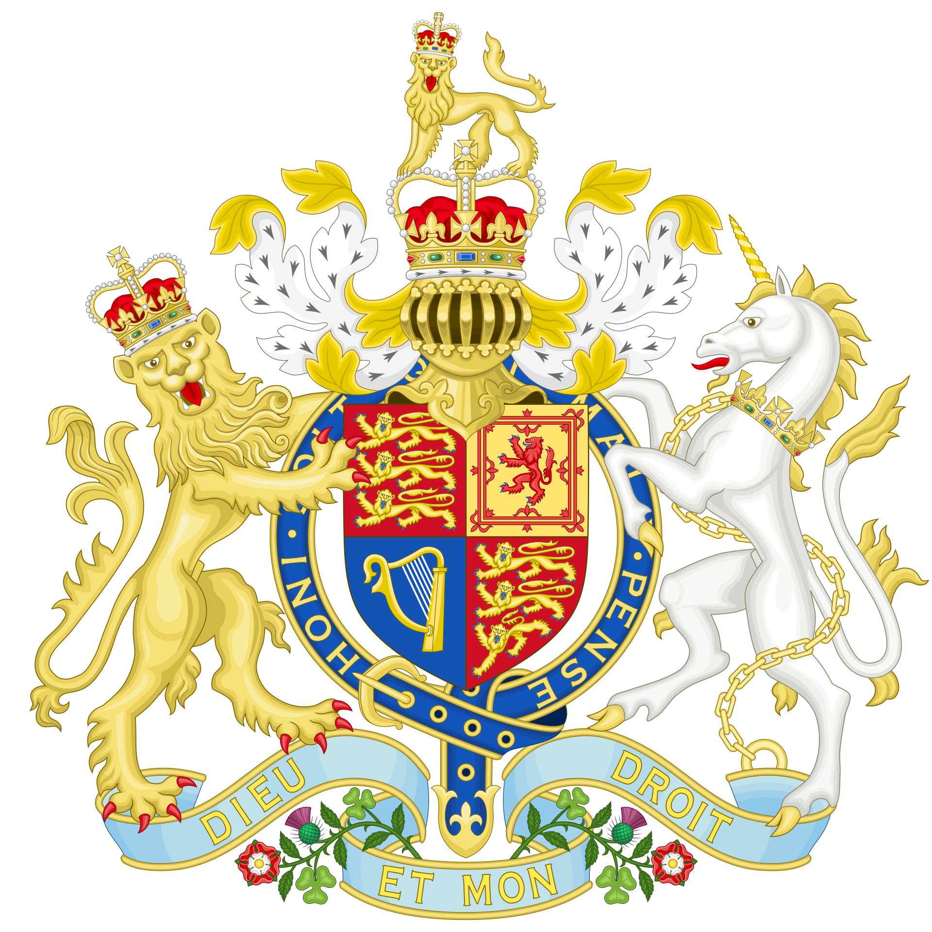 Coat of arms with lion, unicorn, and crown on a white background