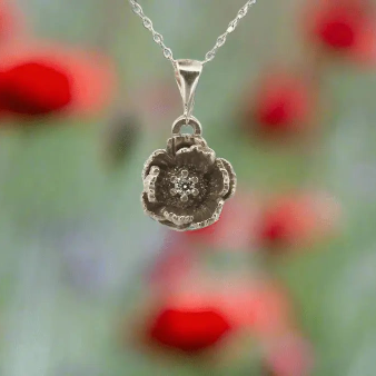 Sterling Silver Poppy Pendant - August's Symbol of Remembrance - Lynne Lee Jewellery