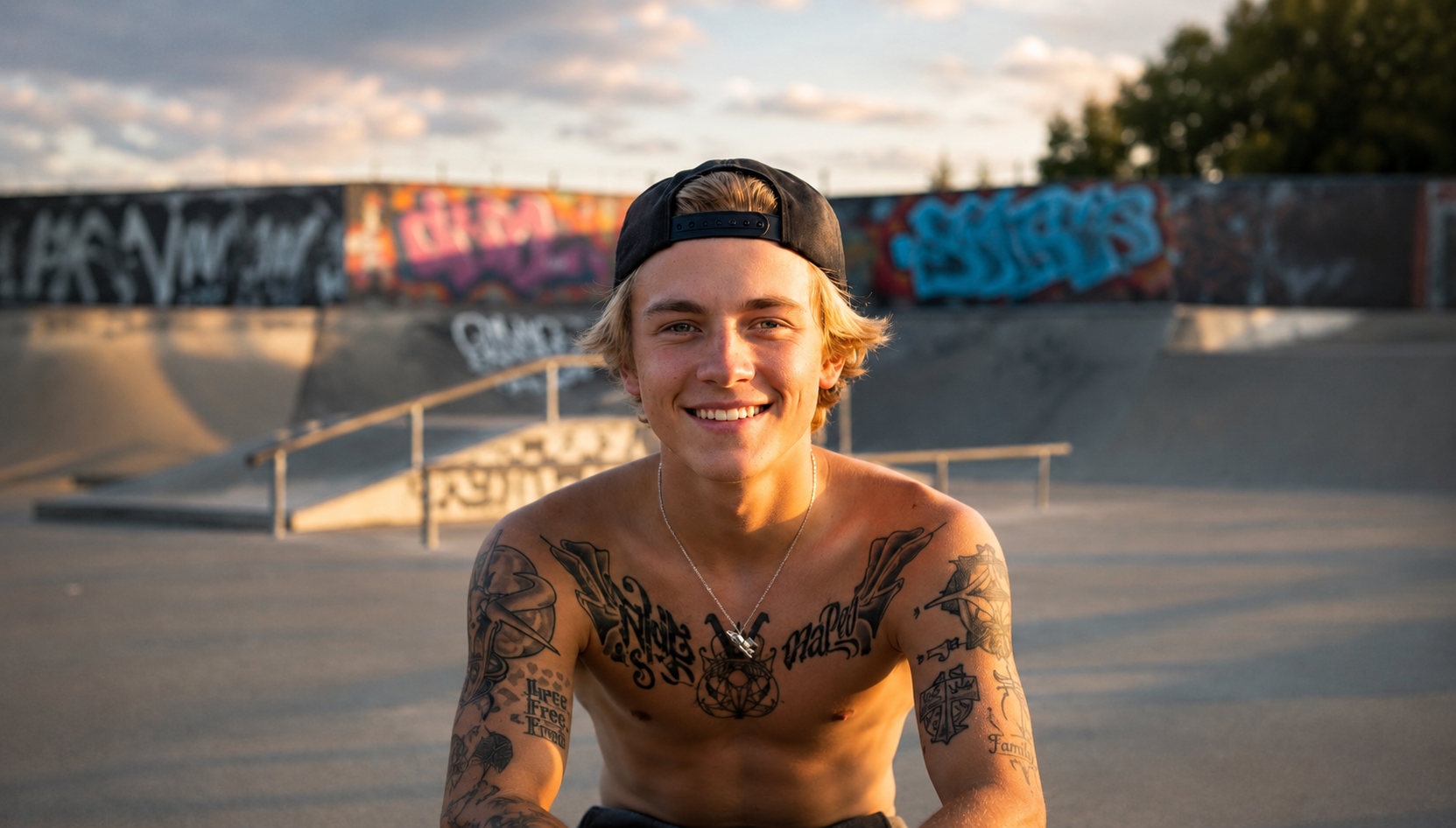 A smiling young man with blonde hair, tattoos, and a black cap backwards sits at a concrete skatepark during golden hour, with graffiti-covered ramps in the background. He is wearing the sterling silver rocket pendant.