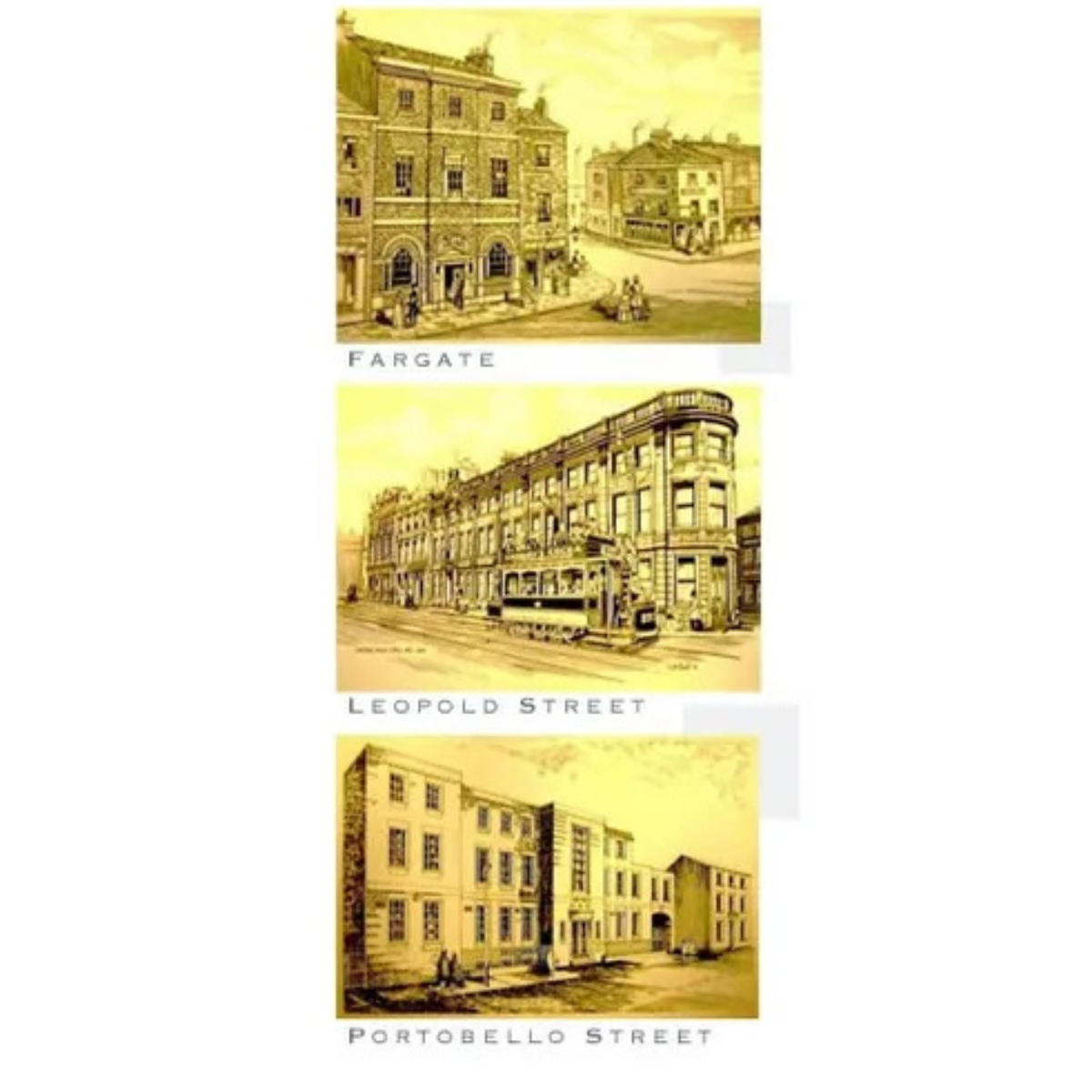 Vintage-style images of buildings on Fargate, Leopold Street, and Portobello Street.