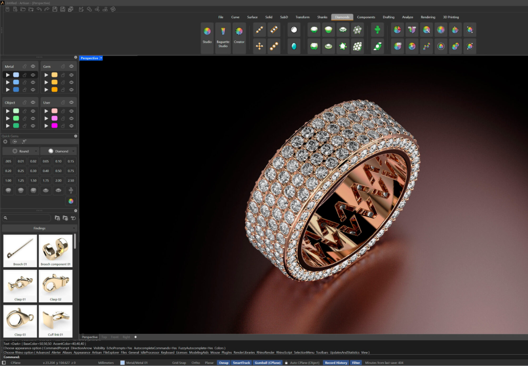 Jewelry design software interface with a diamond ring on a black background