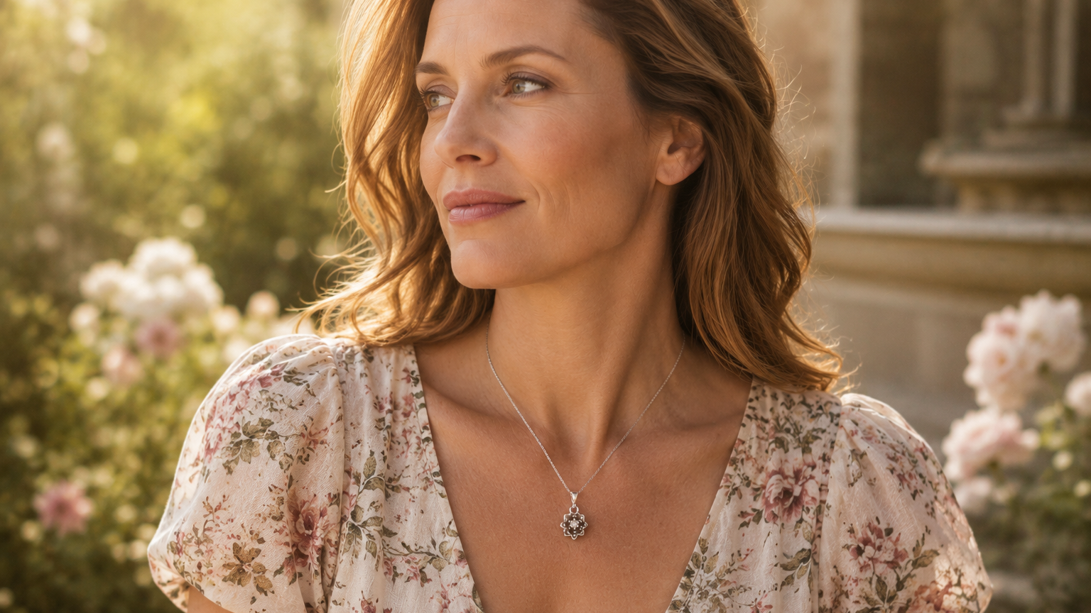 A woman with wavy light brown hair wearing a floral print top and a sterling silver pendant necklace with a water lily pendant and 3mm diamond centre, set against a warm, sunlit garden background with soft-focus flowers.