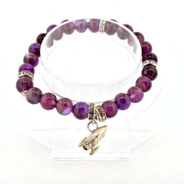 Amethyst Beaded Bracelet with Sterling Silver Rocket Charm - Cosmic Dreams Collection - Lynne Lee Jewellery