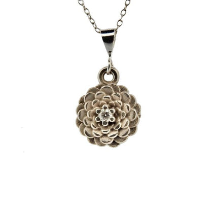 Birth Flower Necklace, November's Chrysanthemum with Diamond Center in Sterling Silver - Lynne Lee Jewellery