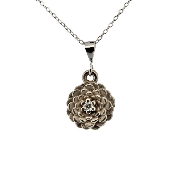 Birth Flower Necklace, November's Chrysanthemum with Diamond Center in Sterling Silver - Lynne Lee Jewellery