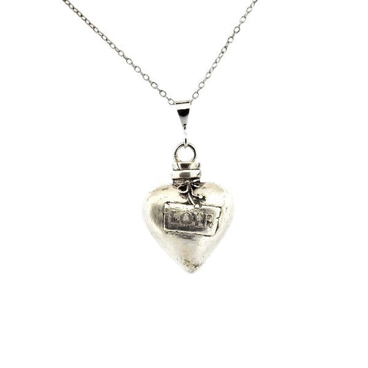 Heart Pendant Necklace Silver - Love Potion Bottle Statement Piece - Lynne Lee Jewellery