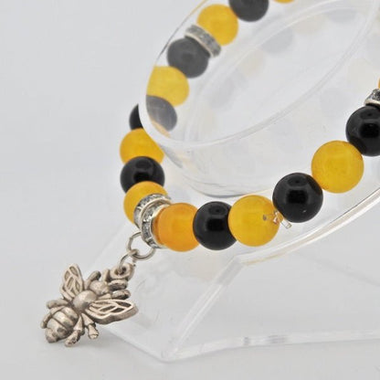 Honey Bee Beaded Bracelet - Yellow Agate & Black Obsidian Sterling Silver - Lynne Lee Jewellery