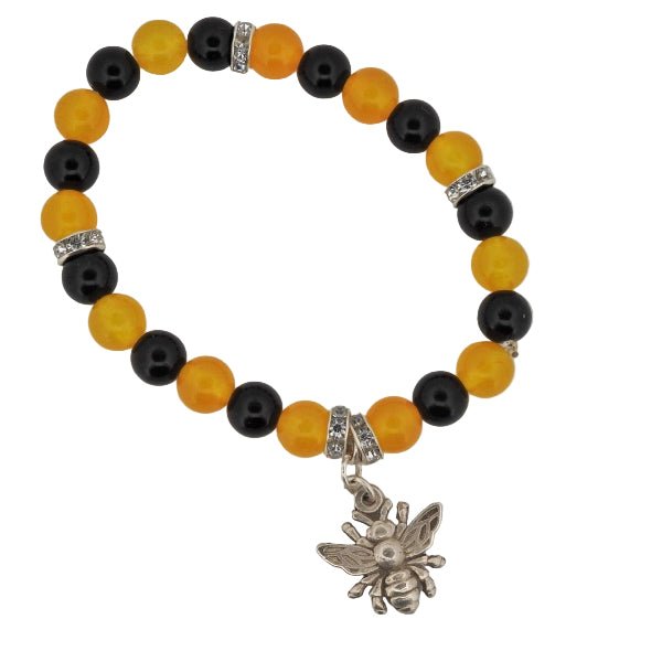Honey Bee Beaded Bracelet - Yellow Agate & Black Obsidian Sterling Silver - Lynne Lee Jewellery
