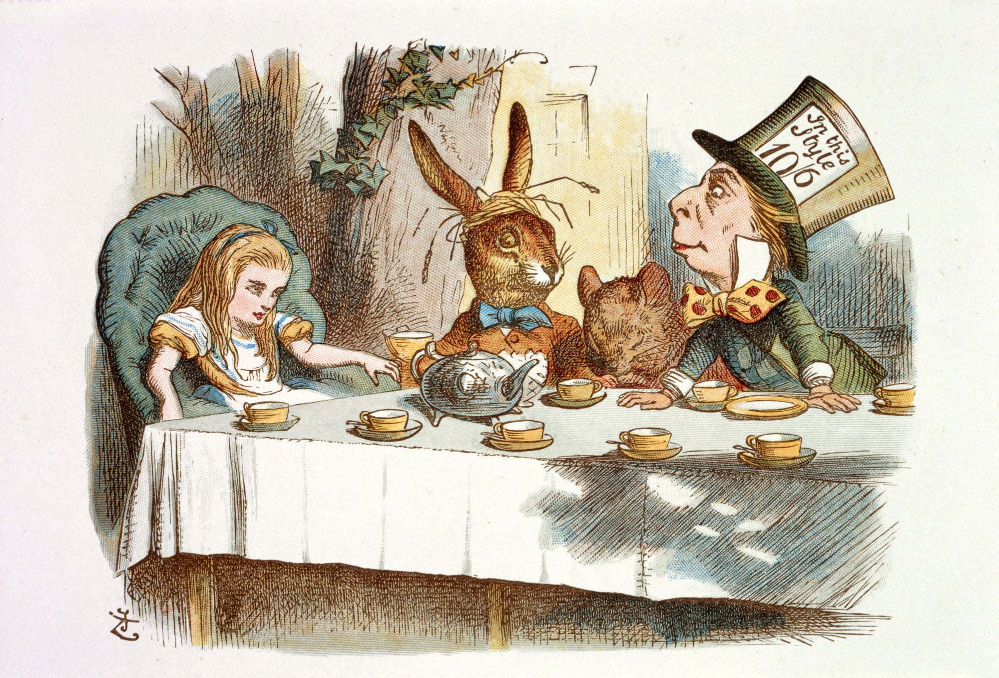 Illustration from 'Alice's Adventures in Wonderland' with Alice, the Mad Hatter, and the March Hare at a tea party.