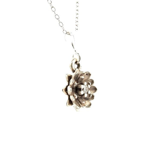 July Birth Flower Pendant - Water Lily Sterling Silver Necklace with Diamond - Lynne Lee Jewellery