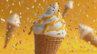 video of ice cream, sprinkles continuously fall all around it. bright yellow background.