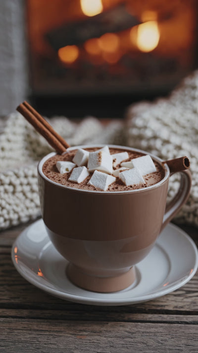 hot chocolate drink in front of a blurred fireplace.
