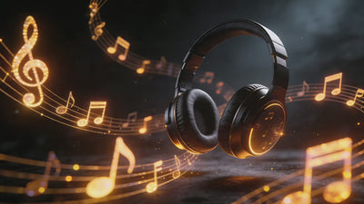 Video of black headphone floating in the air, with bright yellow cgi music notes flying back. Background is smokey black and grey.