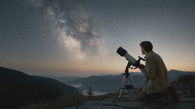 video of the night sky of stars rotting at speed, in the foregorund is a man with a telescope.