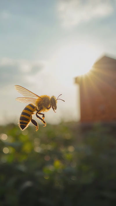 vertical video of a bee flying, in the background is a blurred field and house.