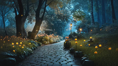 video shows a first person perspective of following a cobbled path at night in the moonlight, surrounding the path are glowing mushroom and lampposts, it has a sense of whimsy and enchantment.
