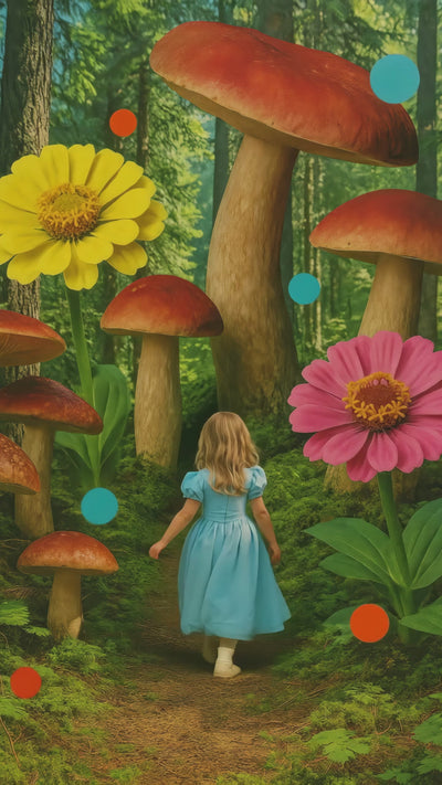 young girl dressed like alice in wonderland, walking away from camera into a forest of giant mushrooms.