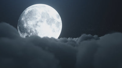 video of night sky, large moon and clouds passing by.