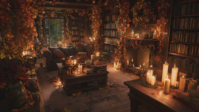 Home library decorated in Autumn theming.