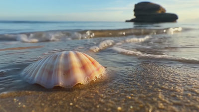 close up shot of seawaves coming into the beach and brushing up against a clam shaped seashell.