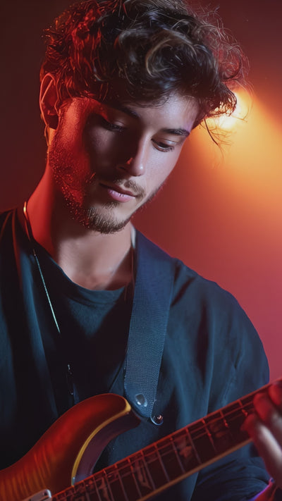handome young man playing electric guitar