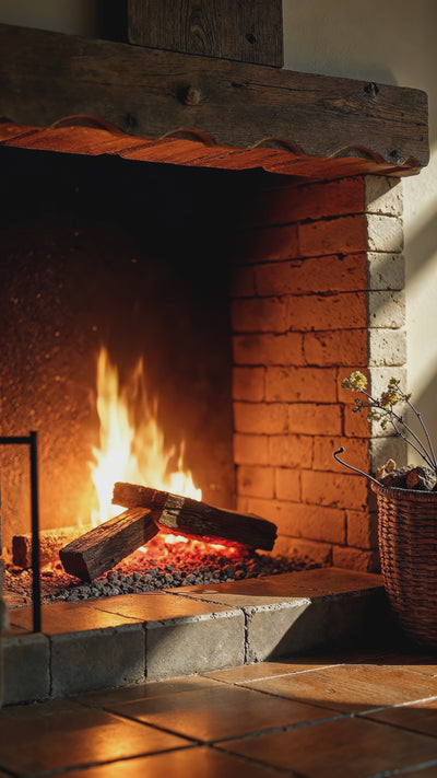 active log fire with a stone surround fireplace.