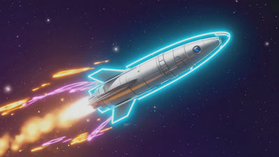 video of a classical style rocket travelling through space, surrounding the rocket are neon drawings.