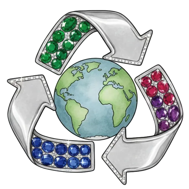 globe of earth surronded by the recycling arrows. The arrows have pave set gemstones. Cartoon style.