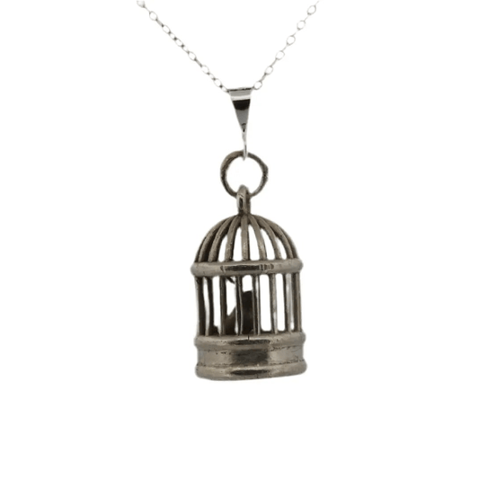 Sterling Silver Bird Necklace - Caged Bird Pendant with Chain - Lynne Lee Jewellery